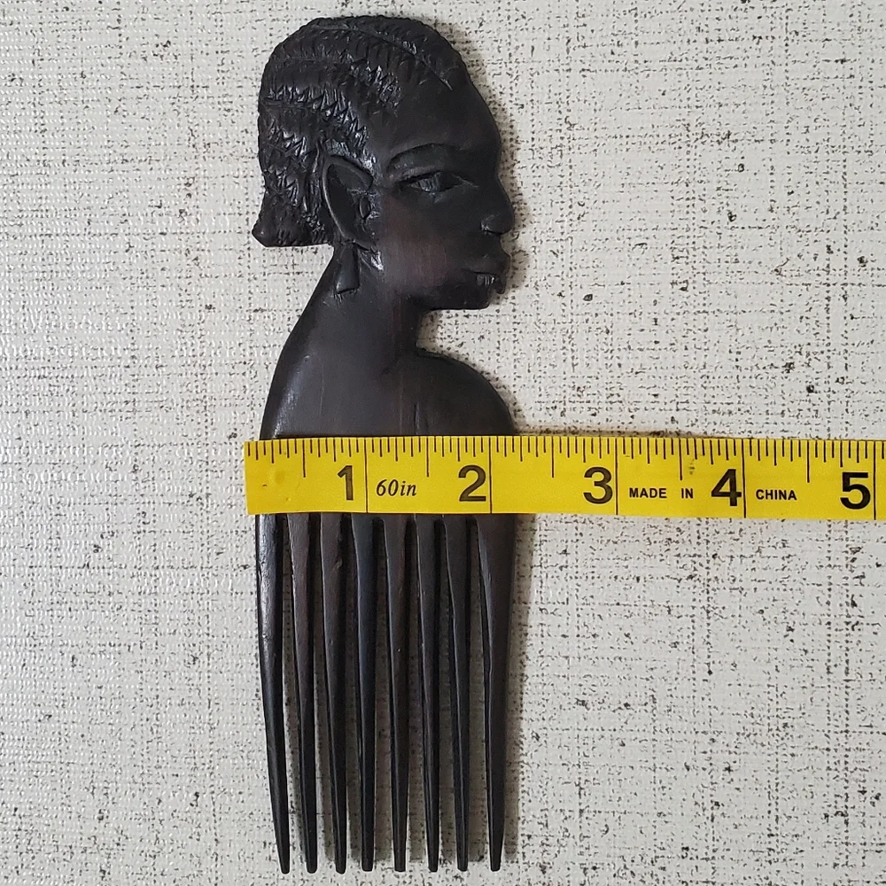 African Ebony Wood Hair Pick, Hand Carved, Vintage, 7